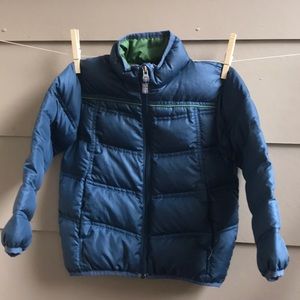 REI puff coat down lining blue w/green inside Sz 4